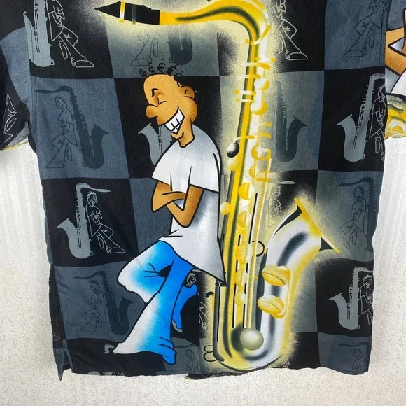 Claudio Nucci Mens Black Y2K Hip Hop Retro Music Hawaiian Button Up Shirt Size L - Picture 10 of 16